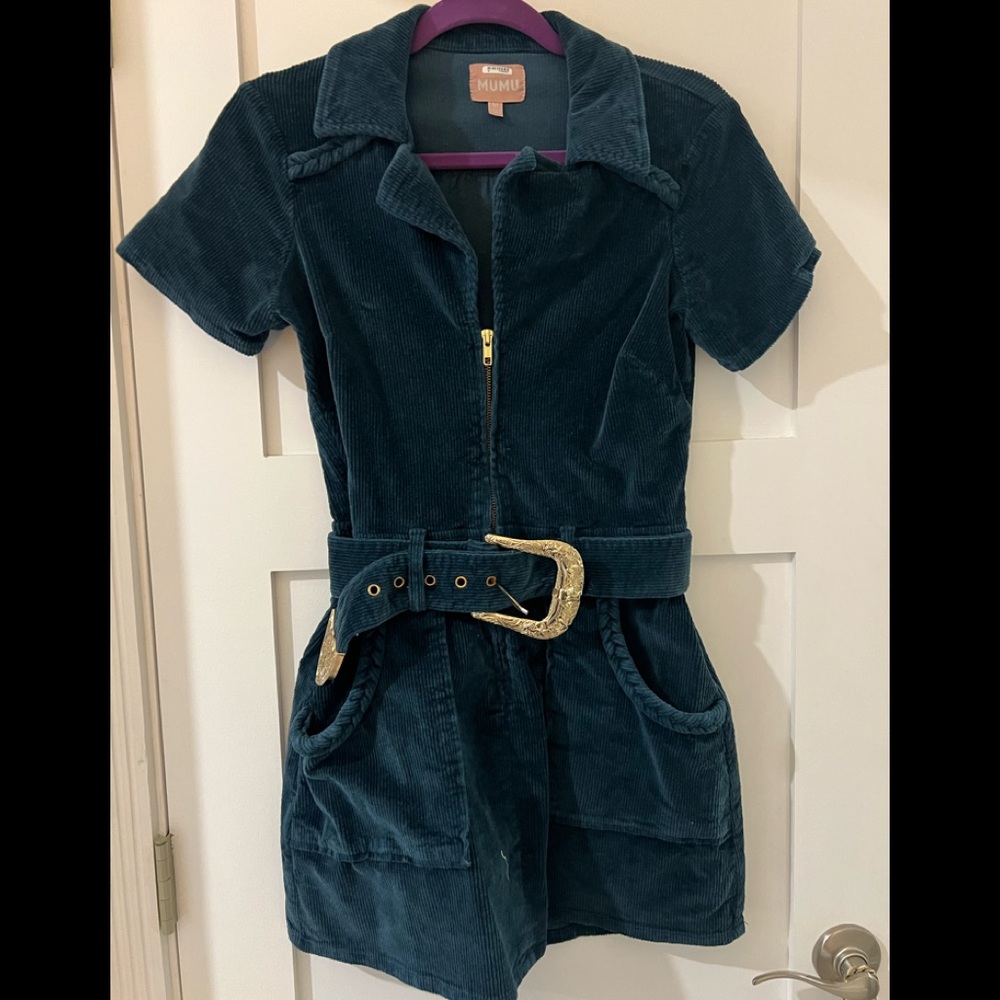 Show Me Your Mumu teal corduroy jumpsuit with statement belt